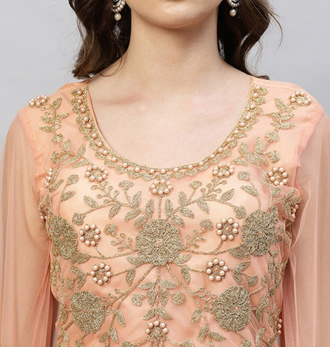 Peach-Coloured & Gold-Toned Embroidered Semi-Stitched Lehenga & Unstitched Blouse With Dupatta